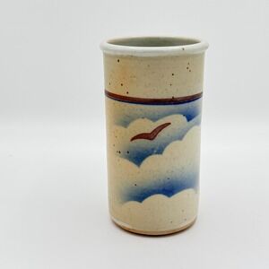 Vintage Studio Pottery Vase Utensil Crock Stoneware Signed Bird & Cloud Handmade